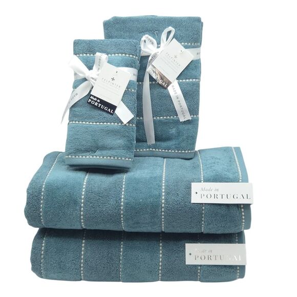 Felpinter 6pc 100% Cotton Towels Set Dark Aqua Stitched Stripe Made in Portugal - Picture 10 of 11
